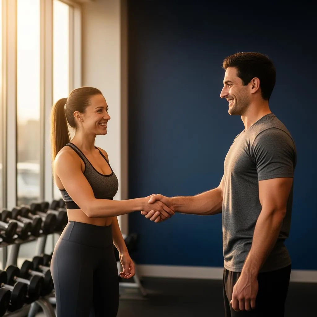 A friendly female personal trainer shaking hands with a new male client in a clean modern boutique gym with racks of dumbbells in the background and warm afternoon light through tall windows