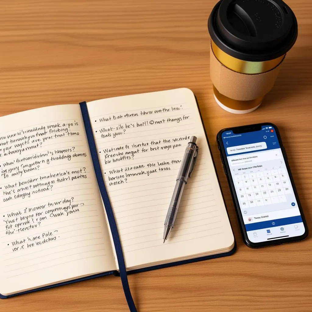 An open notebook with handwritten interview questions and a pen alongside a smartphone showing a calendar booking and a takeout coffee with a gold sleeve on a warm wood desk