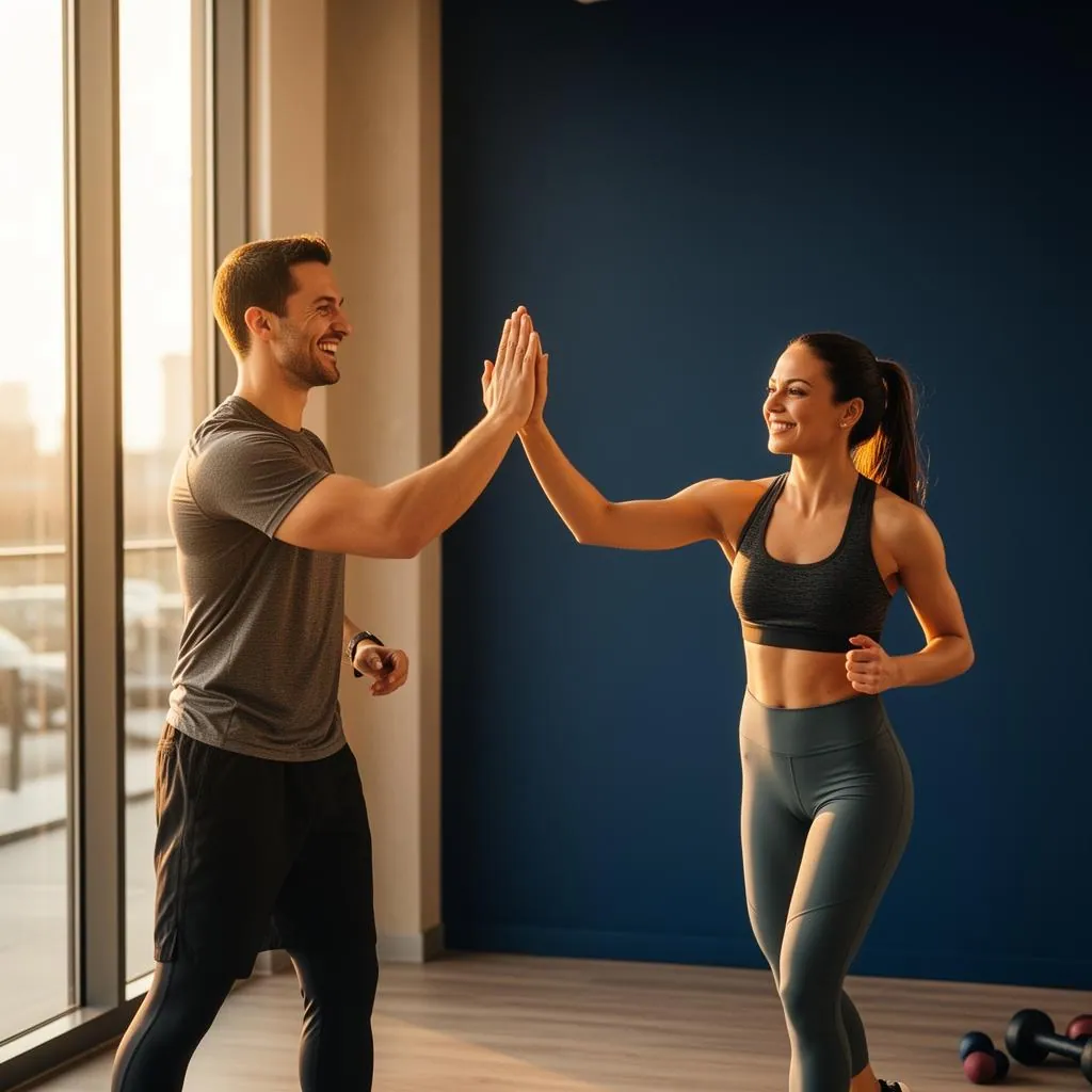 A smiling male personal trainer high-fiving a fit female client mid-workout in a clean modern boutique gym with warm afternoon light and a plain navy wall in the background