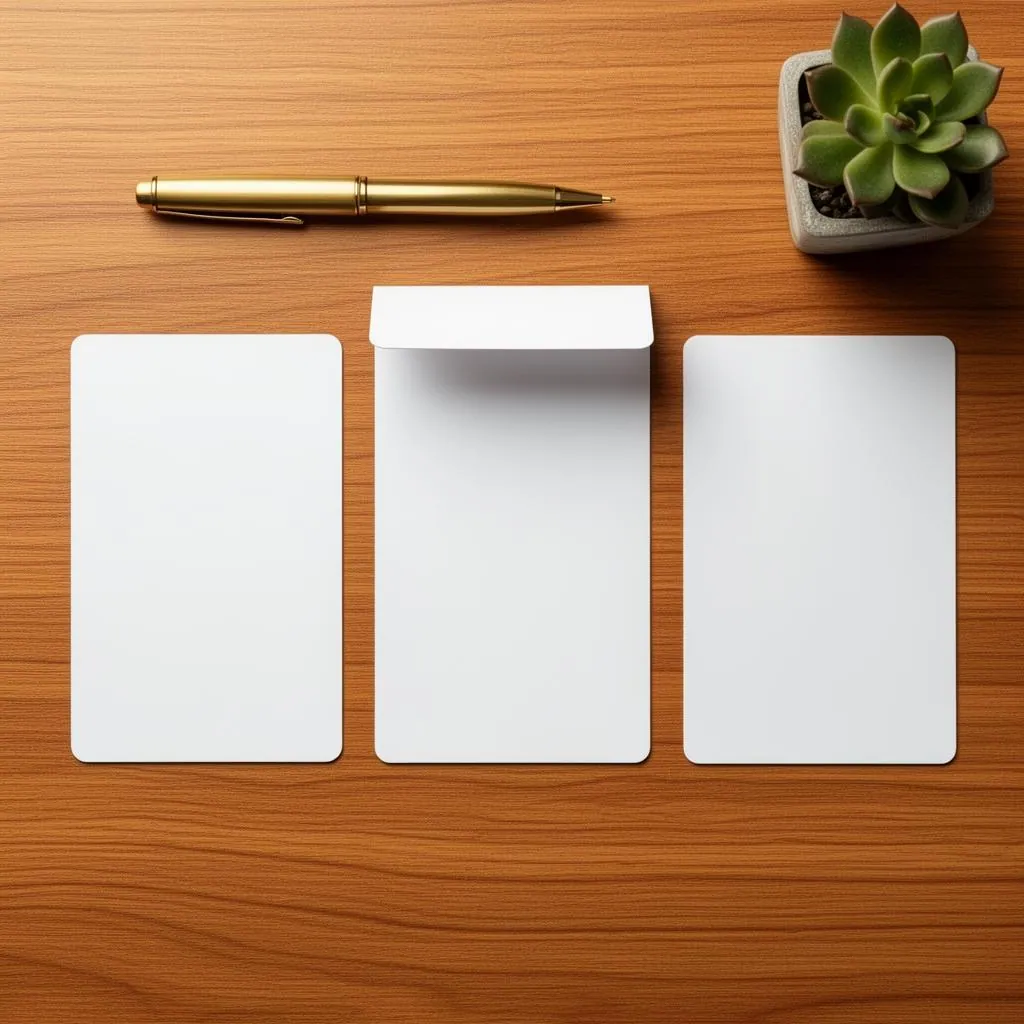 Overhead flatlay of three blank pricing tier cards on a warm wood desk with the middle card slightly raised next to a brass pen and a small succulent plant