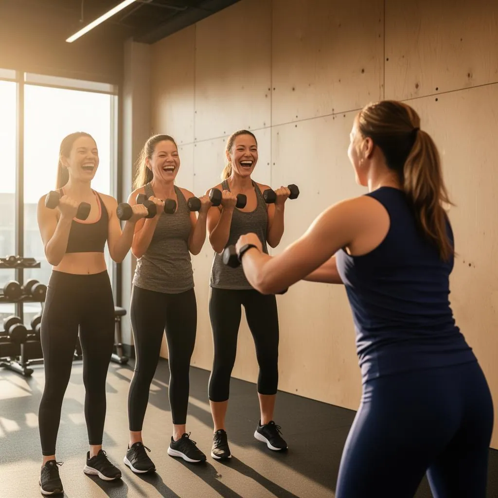 Three adult women laughing together mid-workout in a bright modern boutique gym holding dumbbells while a female trainer in a navy top demonstrates form