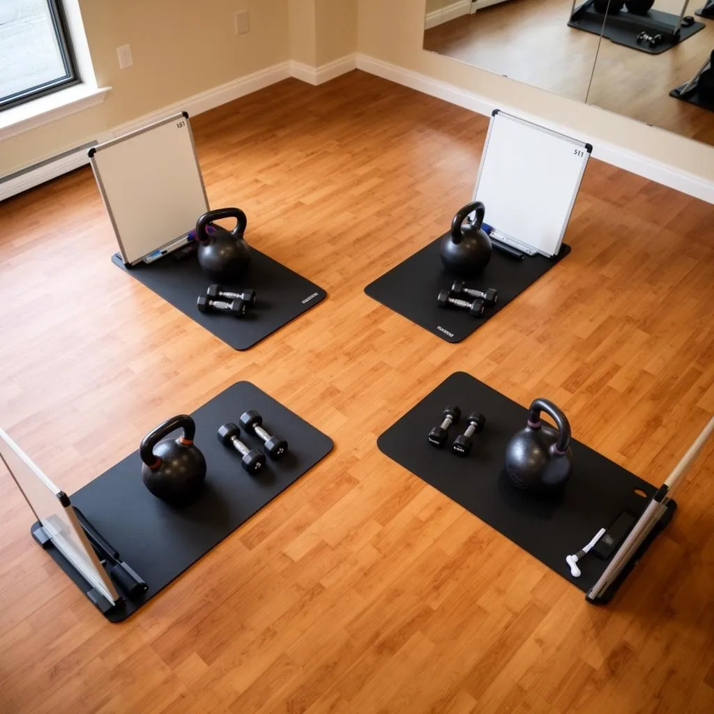 Overhead view of a clean boutique gym studio floor with four workout stations arranged in a square each with a kettlebell mat dumbbells and a small whiteboard