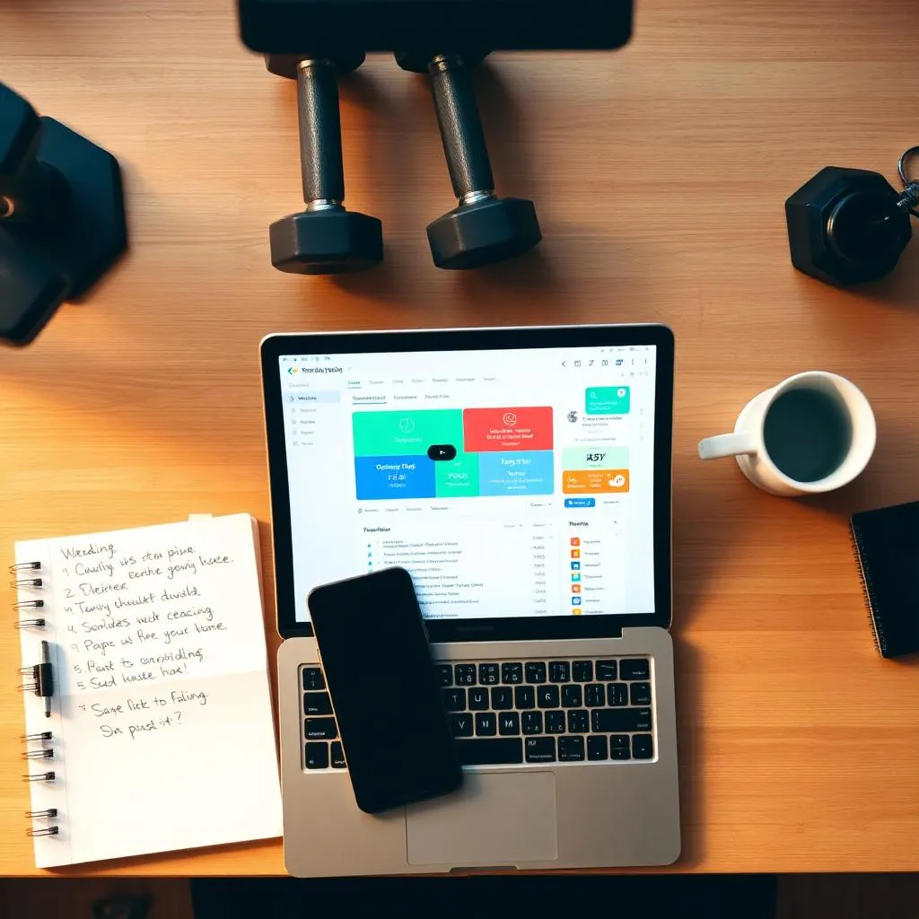 Top down view of a personal trainers home office desk with an open laptop showing a coaching dashboard a smartphone with a fitness app a handwritten weekly schedule notebook a coffee mug and dumbbells