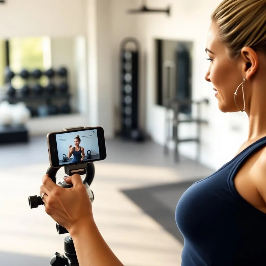 A female personal trainer in a navy athletic top filming a short instructional video of herself doing a kettlebell movement with a smartphone on a tripod in a clean boutique gym