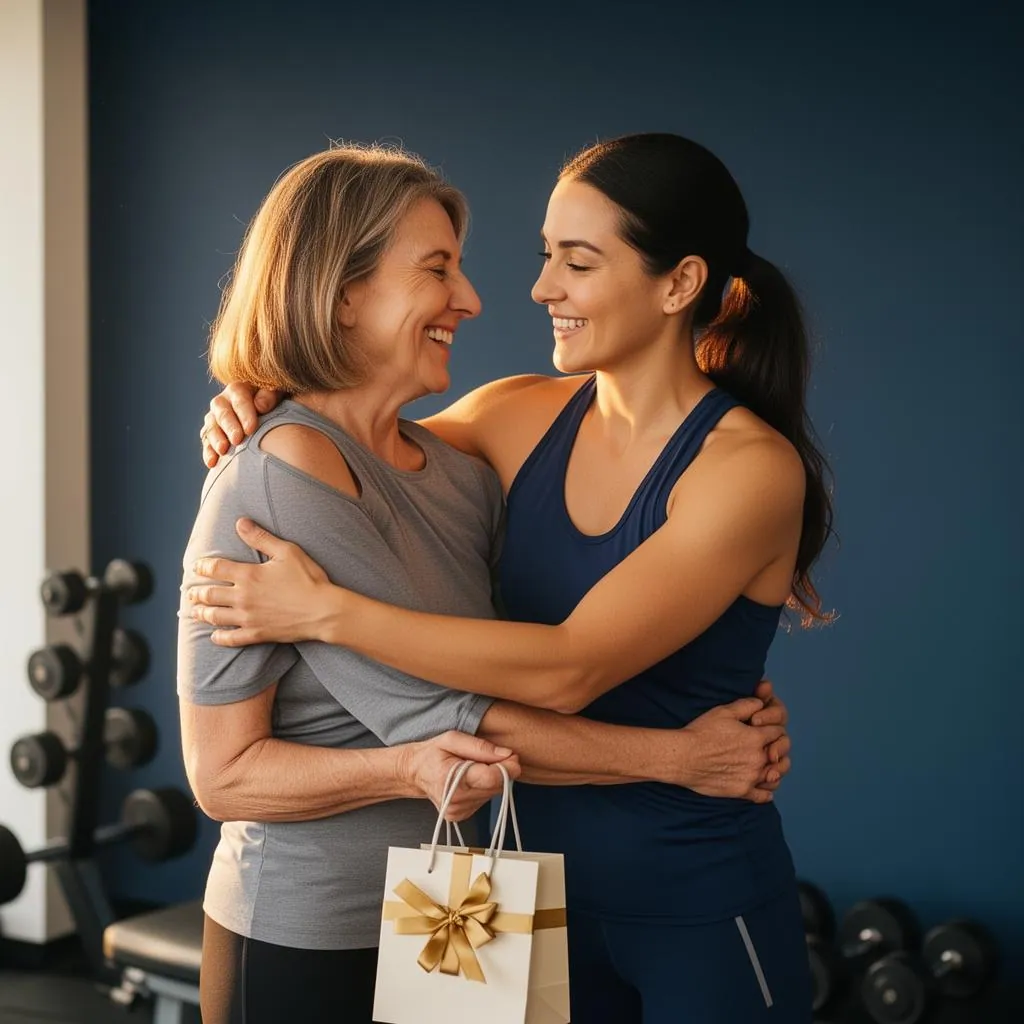 A female personal trainer in a navy athletic top genuinely thanking and hugging a smiling middle aged female client who is holding a small white gift bag with a gold ribbon in a clean modern boutique gym