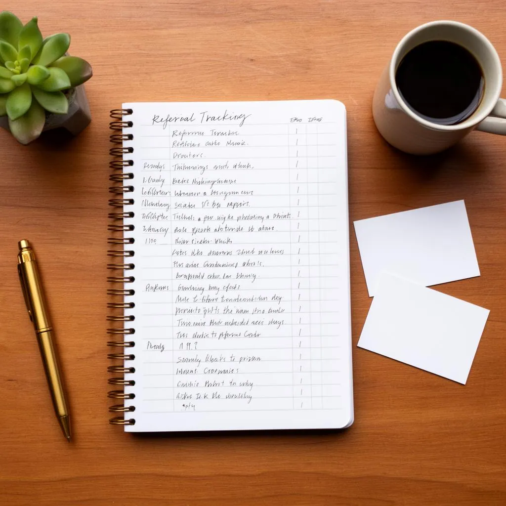 Overhead flatlay of a handwritten referral tracking notebook on a warm wood desk with a brass pen two blank business cards a coffee mug and a small succulent plant