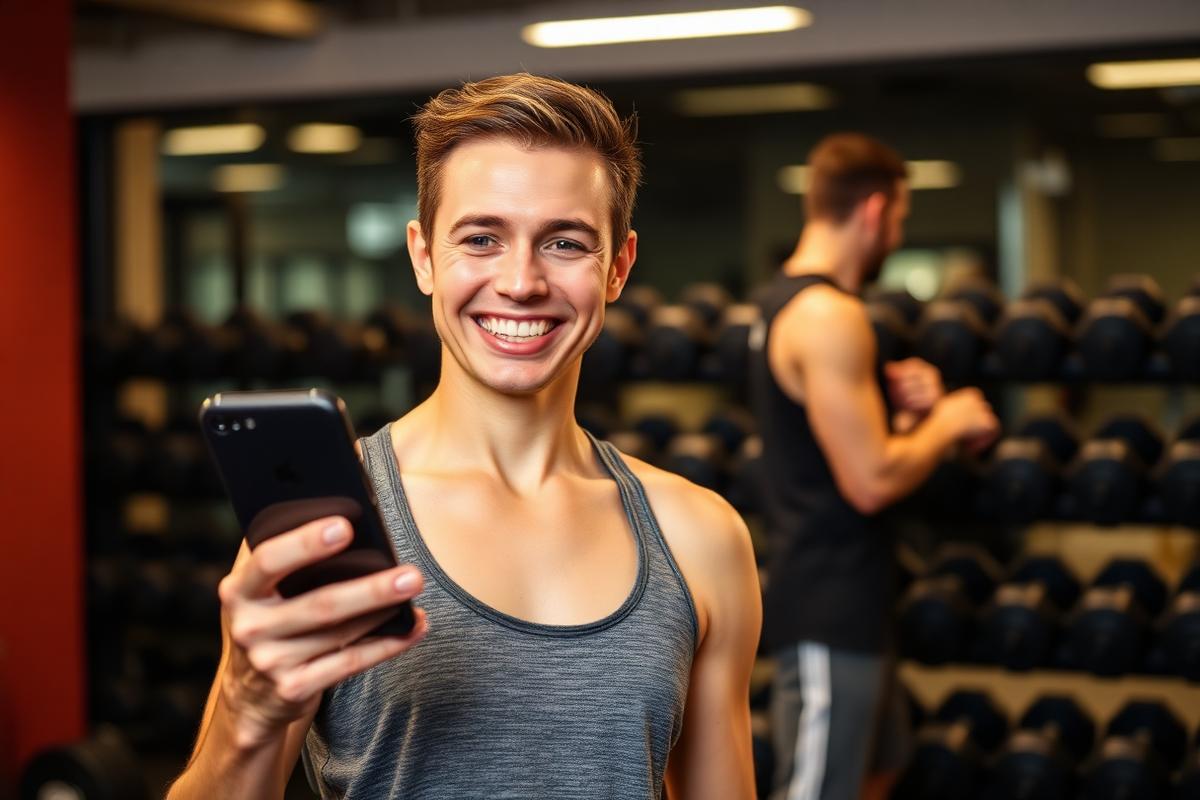 Smiling gym client leaving a Google review on their phone after a training session
