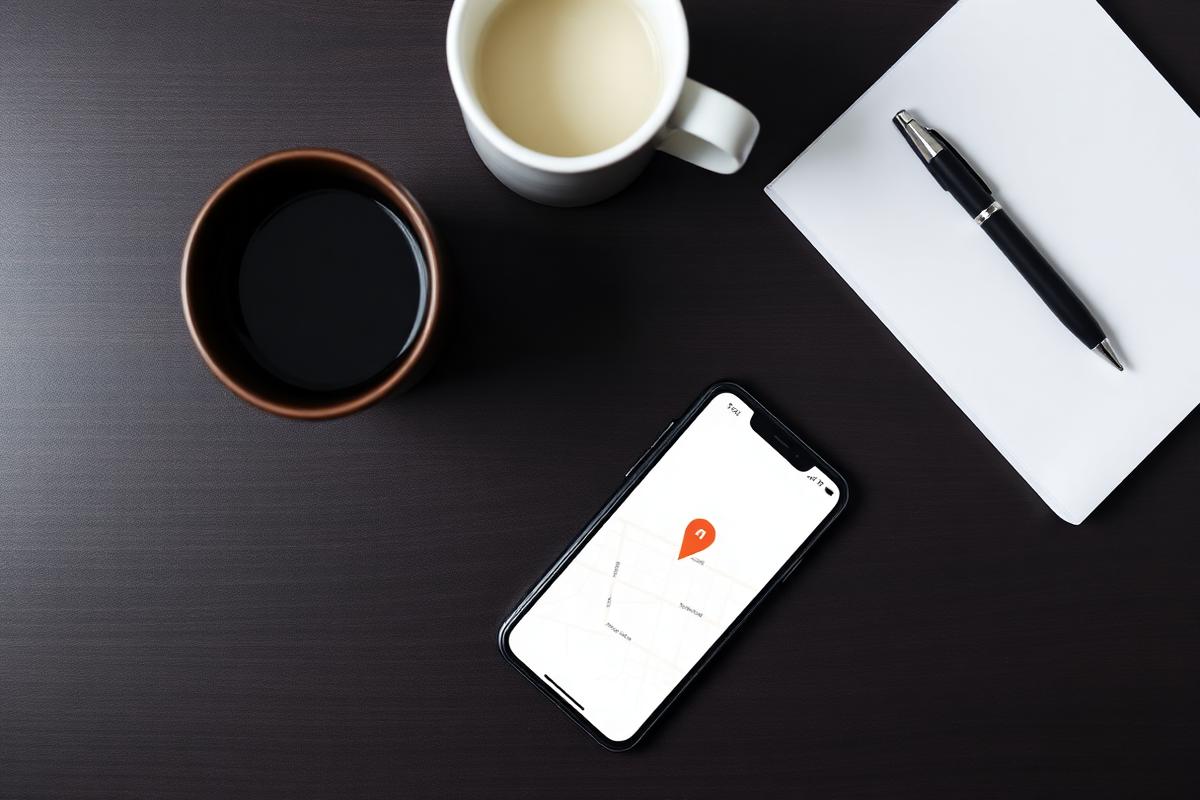 Phone showing a map with a location pin next to a notebook, representing local SEO planning for a personal training business