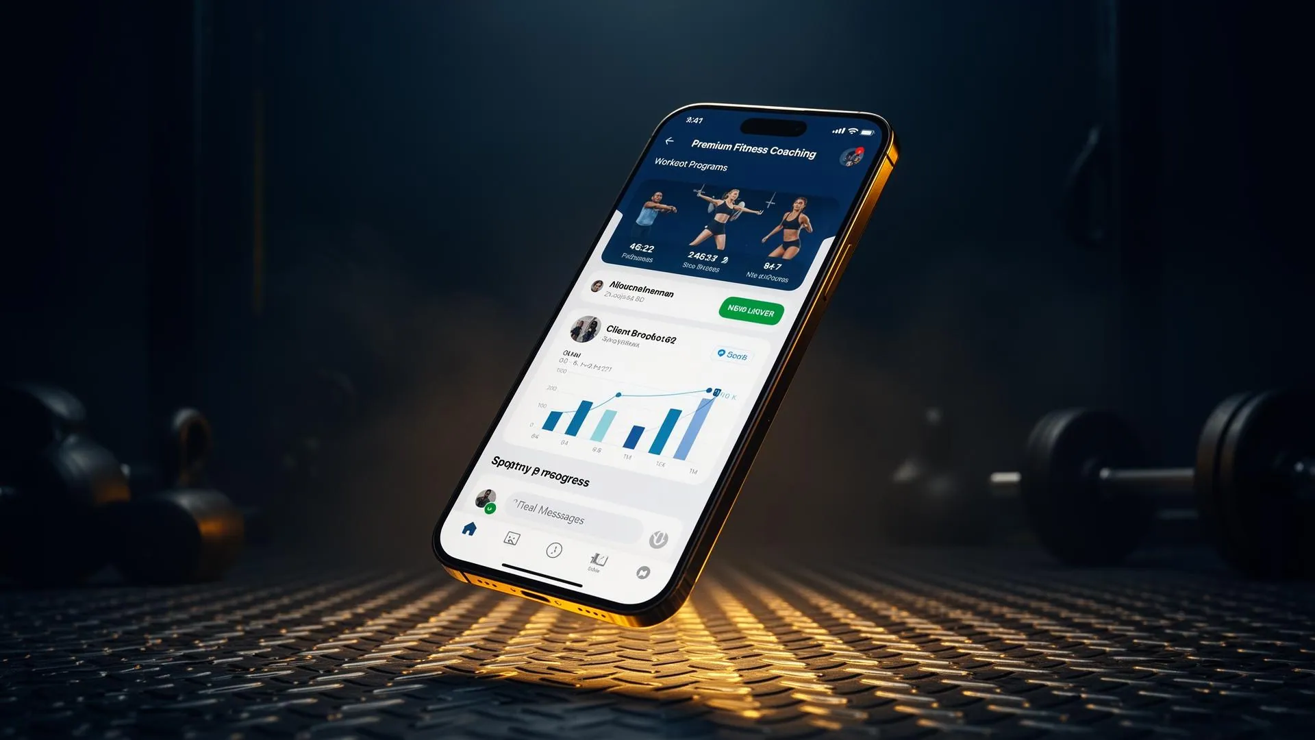 Premium fitness coaching app with workout programs, community leaderboards, and client progress tracking