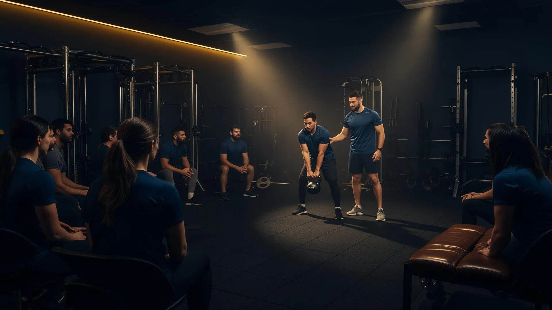 Fitness certification workshop with an instructor demonstrating hands-on coaching techniques to a group of aspiring personal trainers in a professional training facility