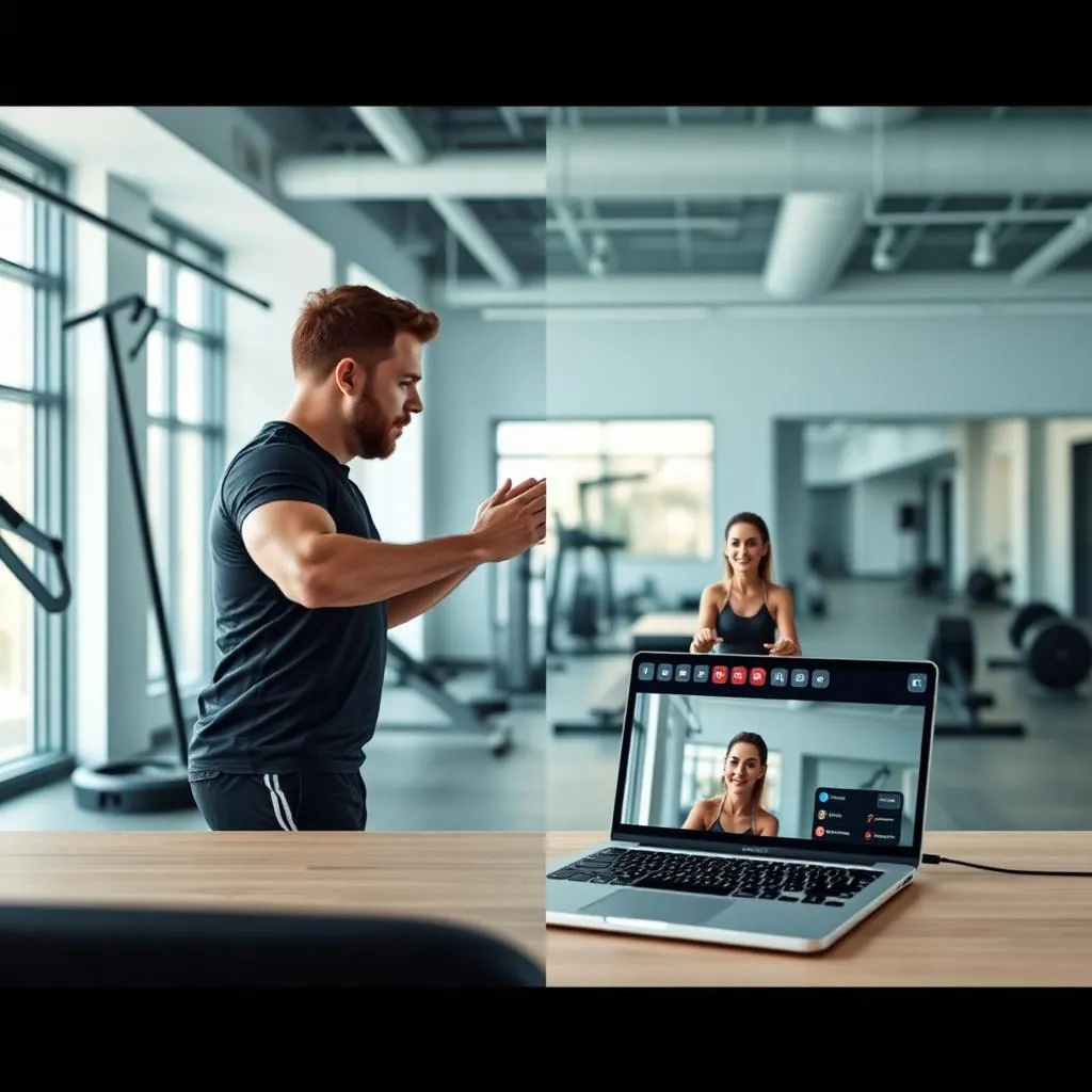 Split-screen steampunk illustration showing online personal training on a laptop connected by brass gears to an in-person gym training session