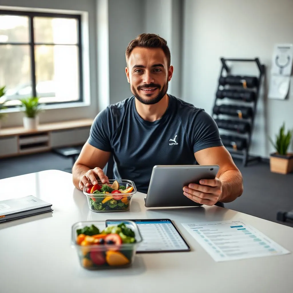 Personal trainer reviewing nutrition plan with client using tablet and meal prep containers in modern gym office