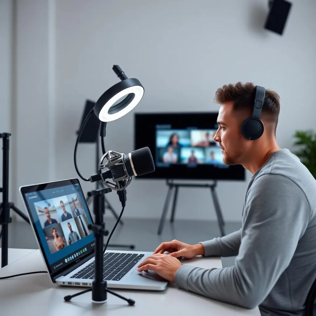 Personal trainer recording an online course with laptop microphone and ring light in modern studio