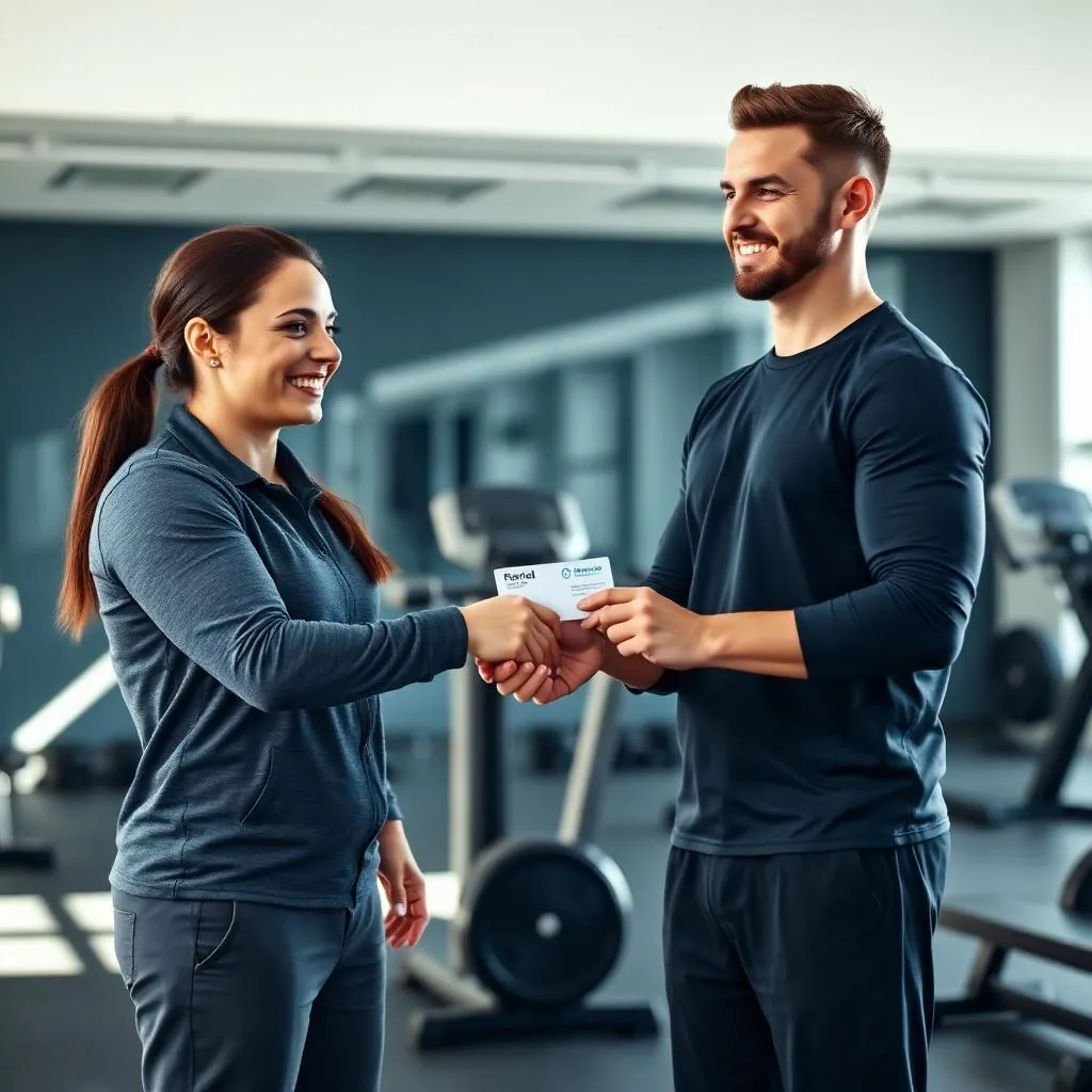 Two personal trainers exchanging a referral card in a modern gym with professional partnership energy
