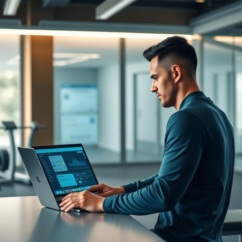 Personal trainer using AI automation tools on laptop in modern gym office with dashboards visible
