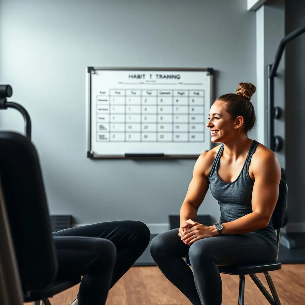 Personal trainer having a genuine motivational conversation with client in modern gym with habit tracking whiteboard