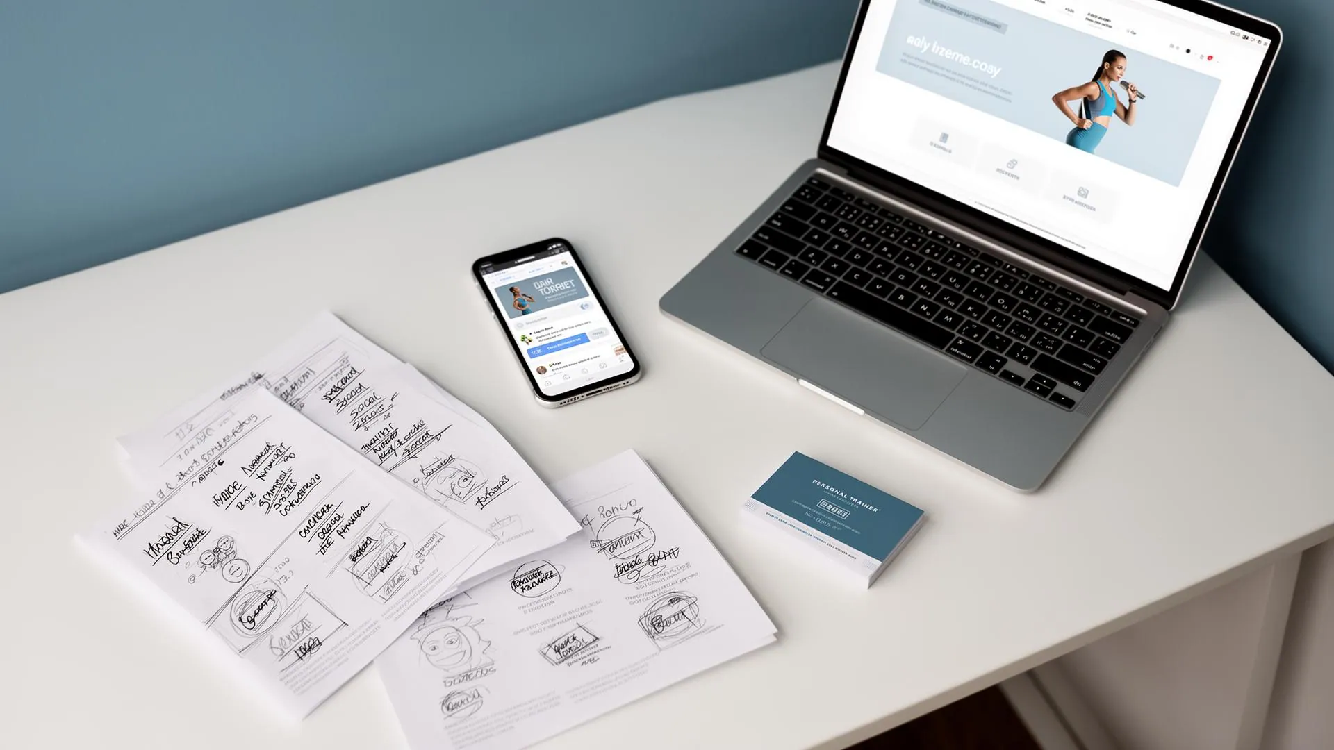 Overhead shot of a personal trainer marketing planning desk with smartphone, handwritten flyer sketches, business cards, and laptop