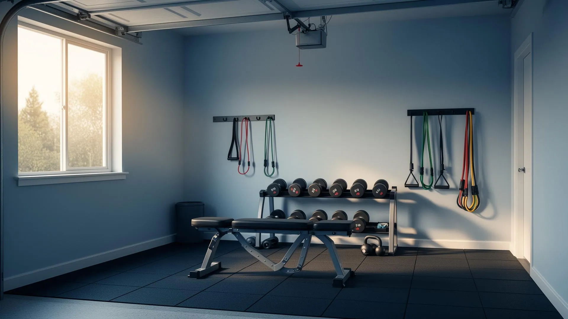 Clean organized home garage gym with dumbbell rack, bench, resistance bands, and rubber flooring in morning light