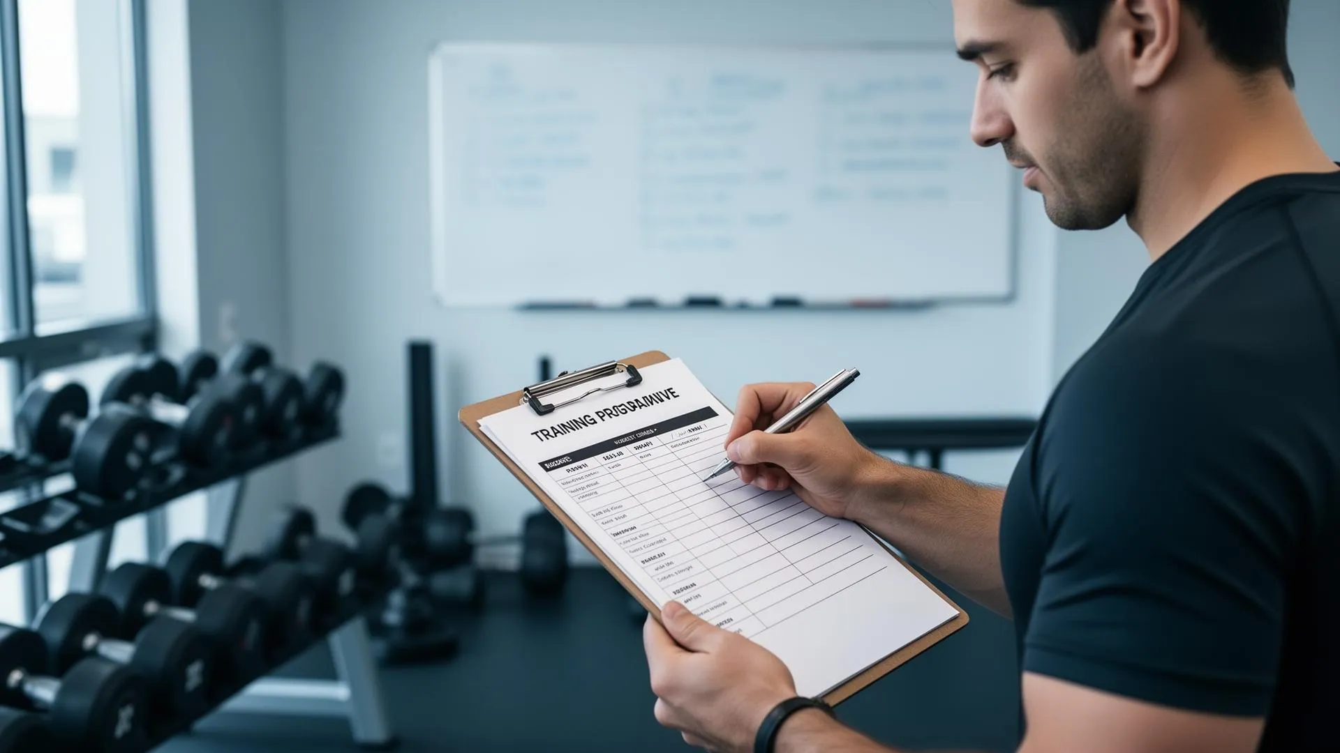 Personal trainer writing a training program on a clipboard in a modern gym with dumbbells and whiteboard in the background
