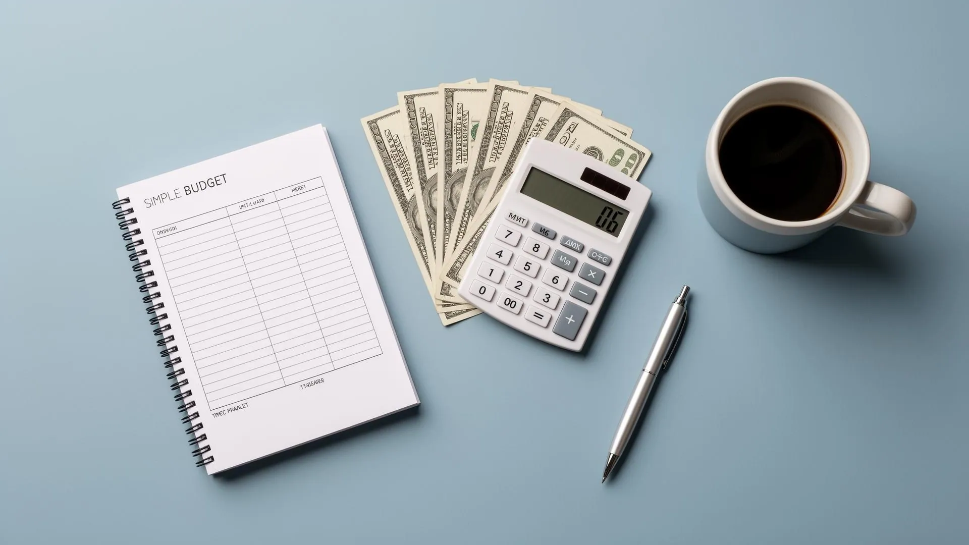 Overhead flat lay of a personal finance workspace with budget notebook, calculator, dollar bills, coffee mug, and pen on a muted blue surface