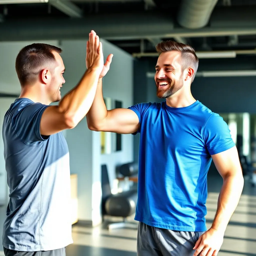 A personal trainer and loyal client shaking hands in front of a steampunk clock symbolizing long-term retention and partnership