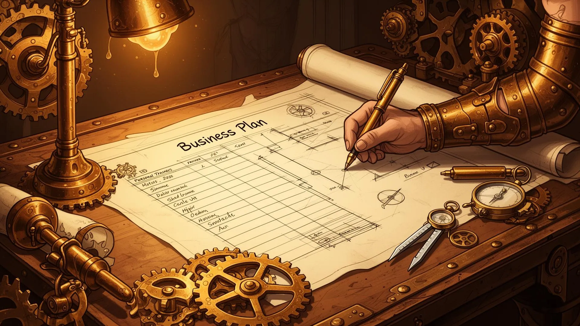 A personal trainer drafting a business plan blueprint on a steampunk-styled drafting table with brass gears and compass