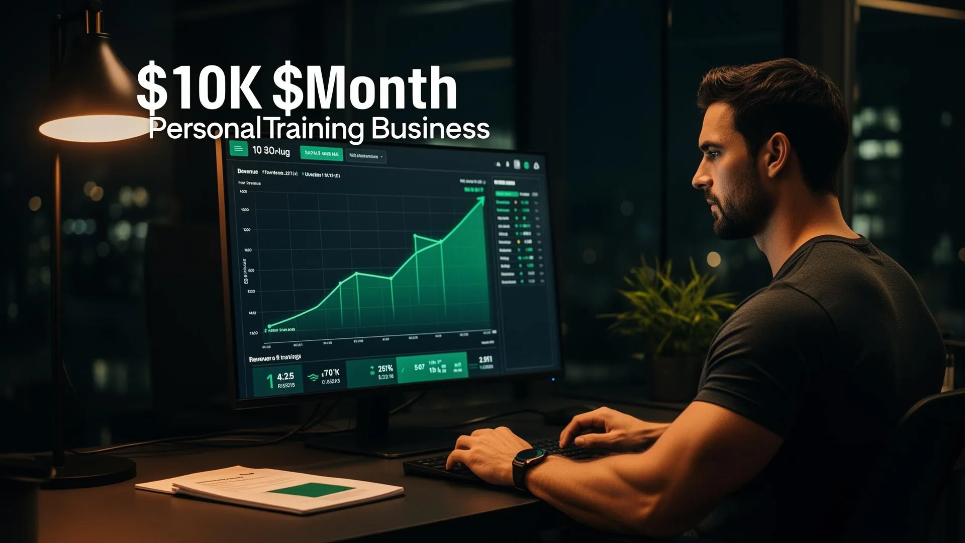 A successful fitness coach reviewing a revenue growth dashboard showing upward charts in a modern office