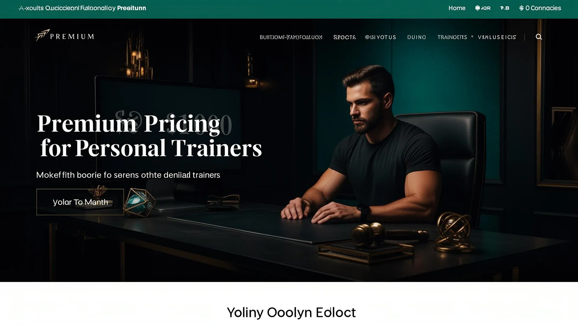 A fitness coach at a premium office desk reviewing pricing strategy on a screen with premium branding elements