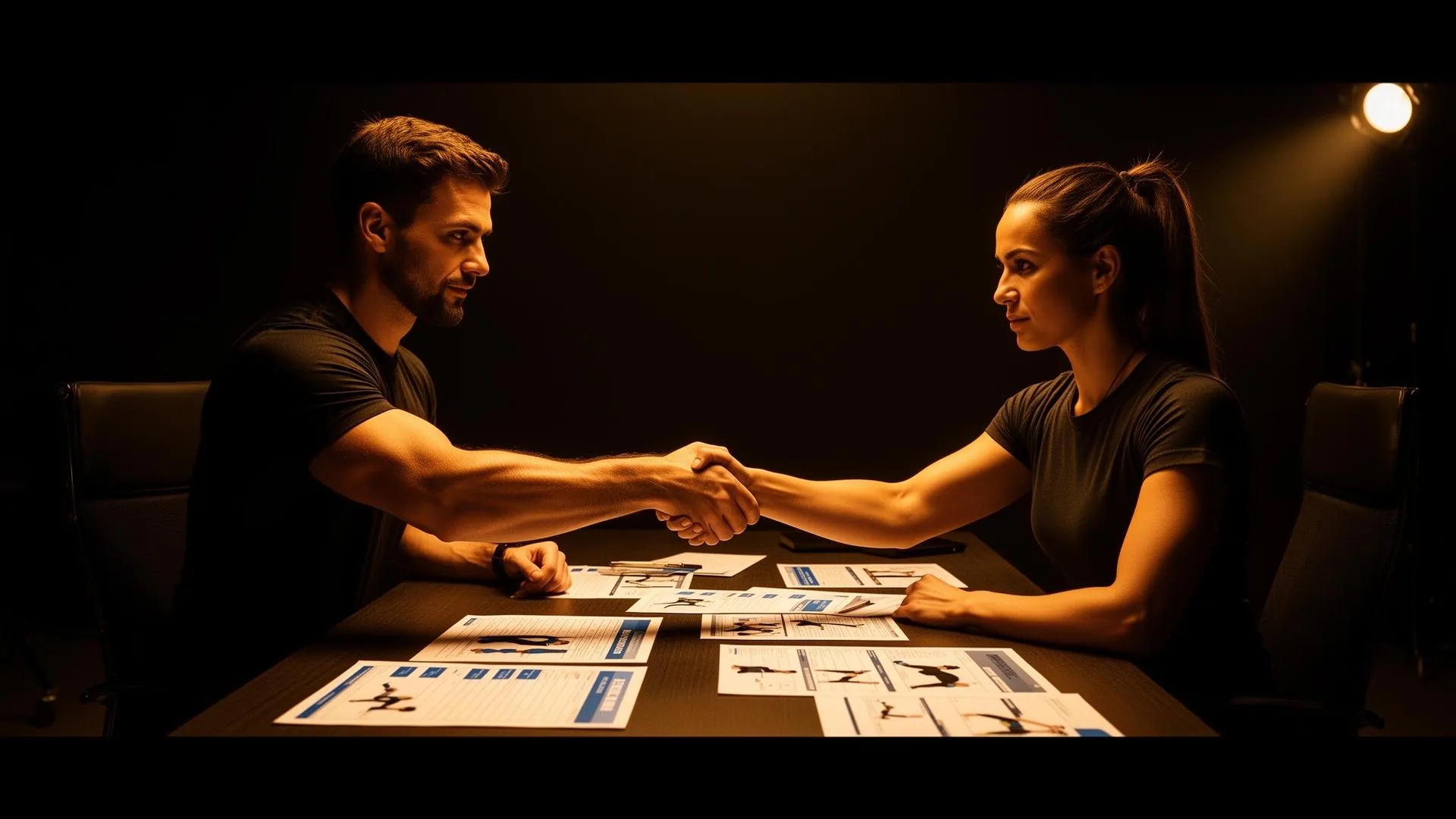 A personal trainer and potential client shaking hands across a desk with training plans spread out