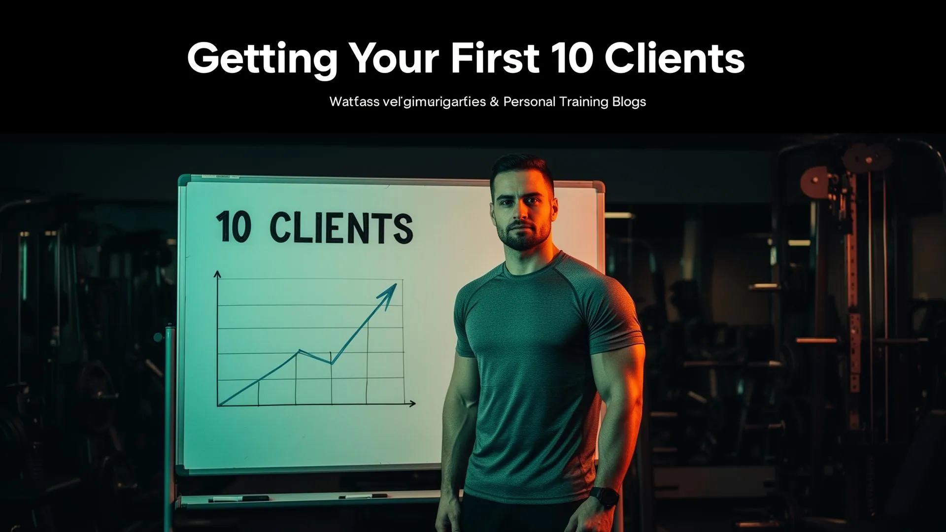 A personal trainer standing confidently in front of a whiteboard showing a growth chart with 10 clients marked