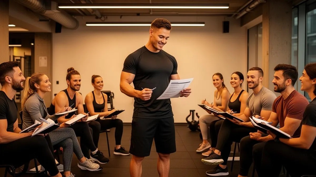 Personal trainer presenting a workshop to engaged attendees in a modern gym studio, holding a professional one-pager handout