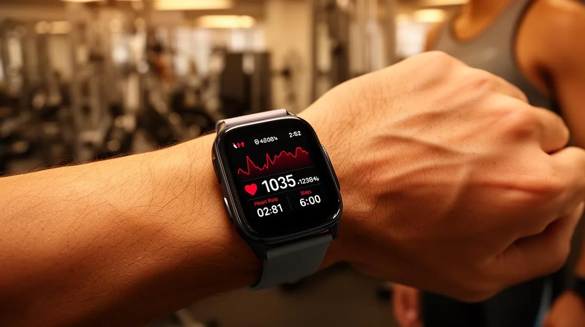 Close-up of a fitness smartwatch on a person's wrist displaying heart rate and activity data in a gym environment
