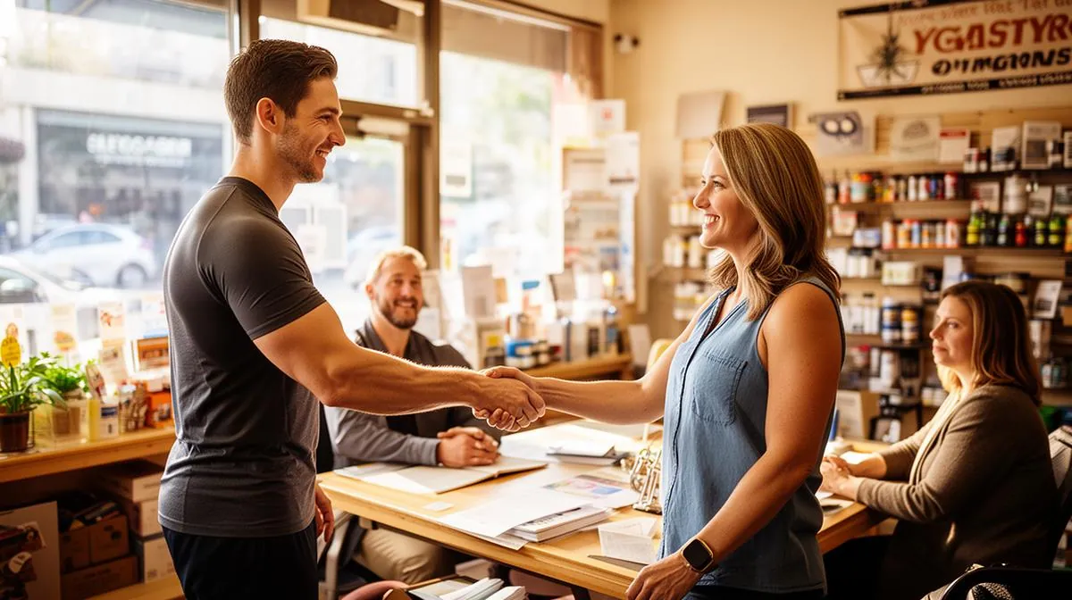 Personal trainer shaking hands with a local business owner inside a storefront, building a strategic partnership for client referrals