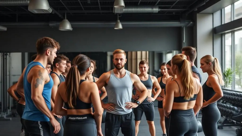Group of fitness enthusiasts gathered around a personal trainer in a modern gym community space