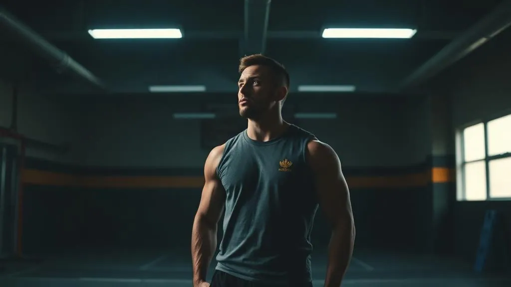 Personal trainer standing alone in a gym looking thoughtful and reflective, representing self-doubt and confidence