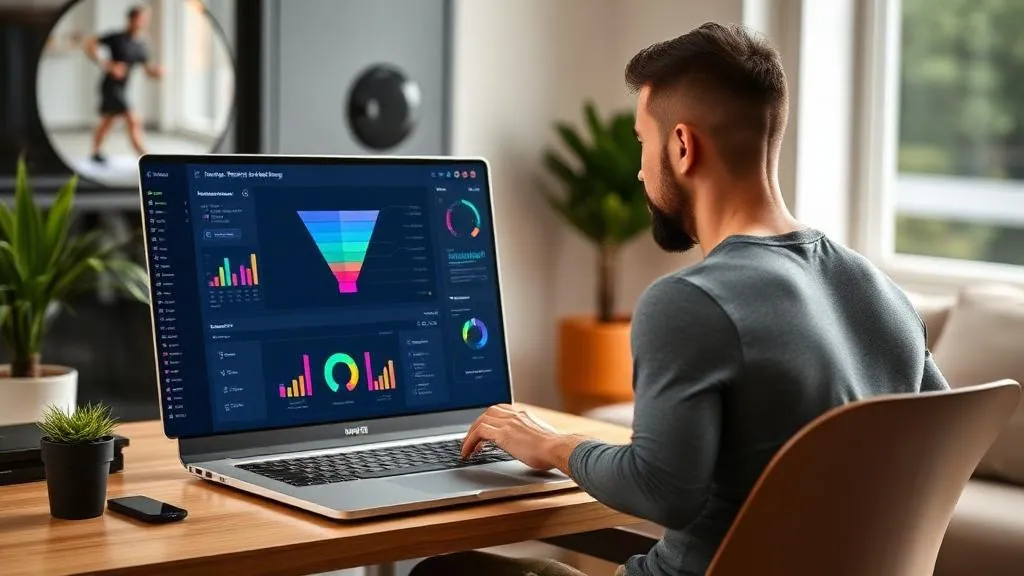 Fitness trainer working on laptop with AI marketing dashboard and funnel visualization on screen