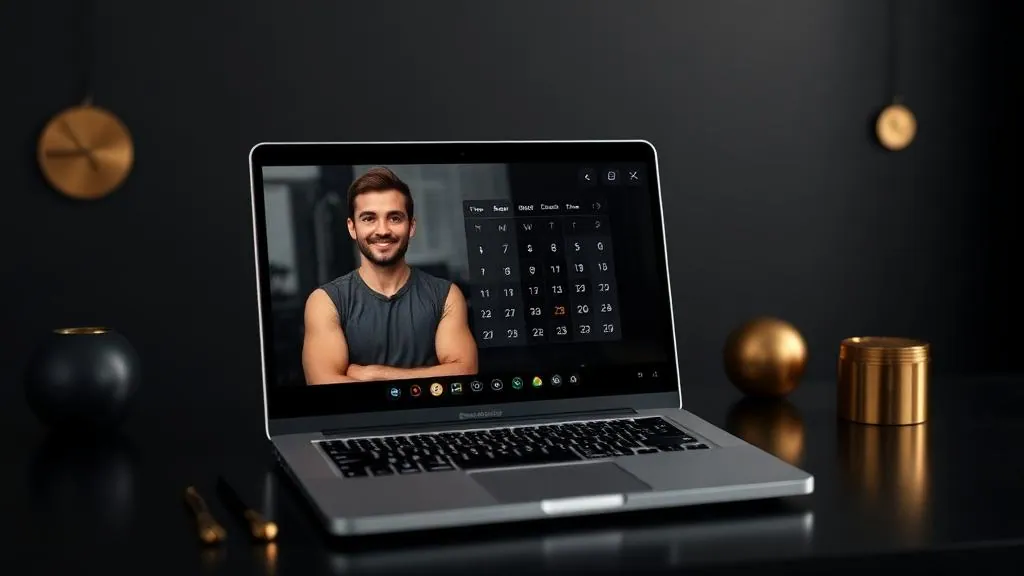 Fitness coach on a professional video call with booking calendar system visible on laptop screen