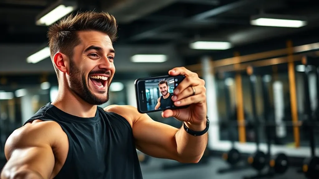 Fitness client excitedly filming a selfie-style video testimonial in a modern gym
