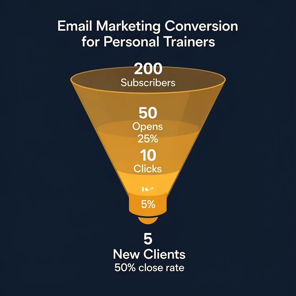 Funnel diagram showing email marketing conversion math for personal trainers: 200 subscribers to 50 opens to 10 clicks to 5 new paying clients