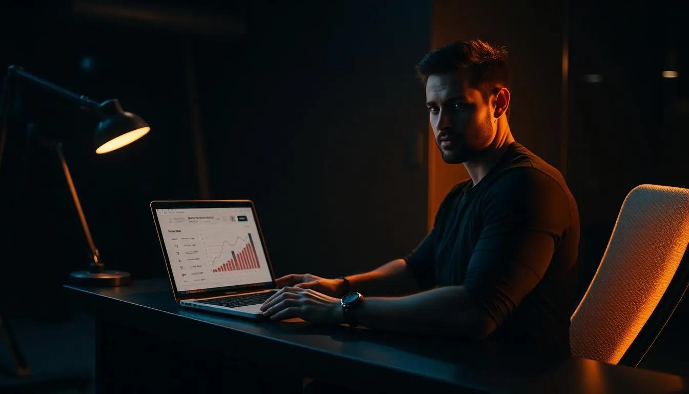 Personal trainer analyzing email marketing open rates and click-through rate analytics on a laptop in a gym office with a protein shake on the desk