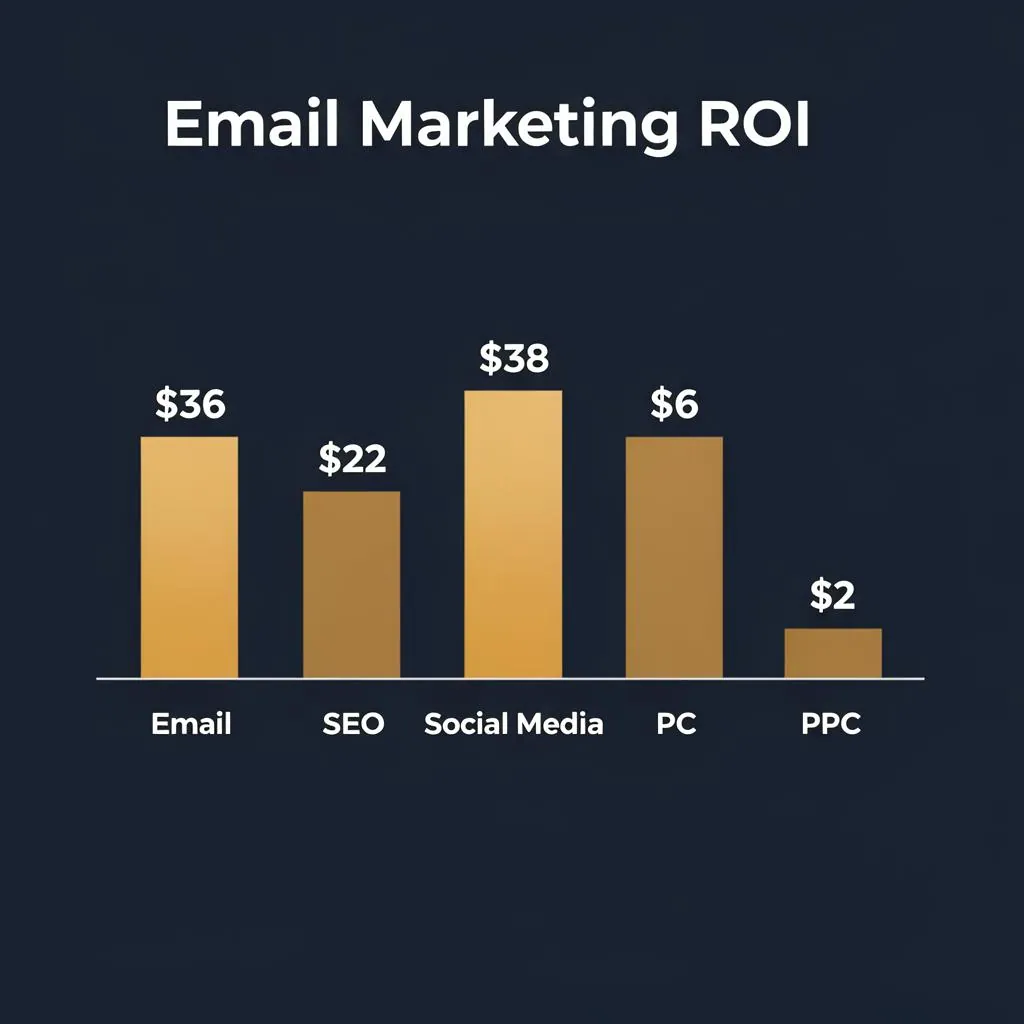 Bar chart comparing email marketing ROI of $36 per dollar spent versus SEO, social media, and PPC advertising channels for personal trainers