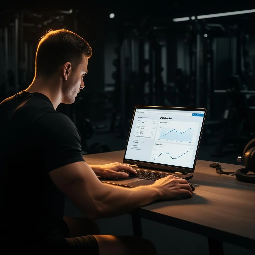 Personal trainer analyzing email marketing open rates and click-through rate analytics on laptop in gym office