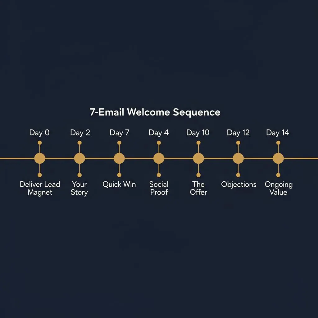Timeline infographic showing a 7-email automated welcome sequence for personal trainers spanning 14 days from lead magnet delivery to ongoing newsletter