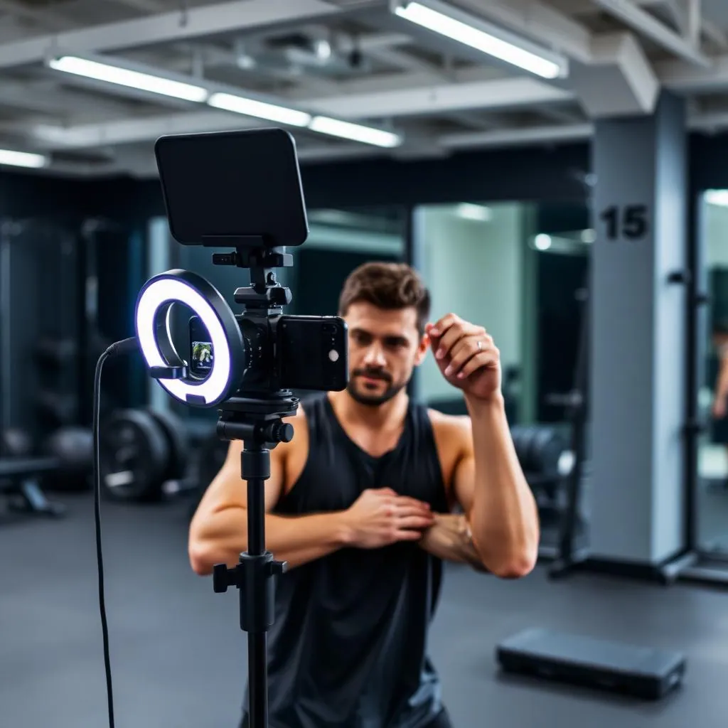 A personal trainer filming a short-form workout video on a tripod with analytics dashboard visible on a tablet nearby