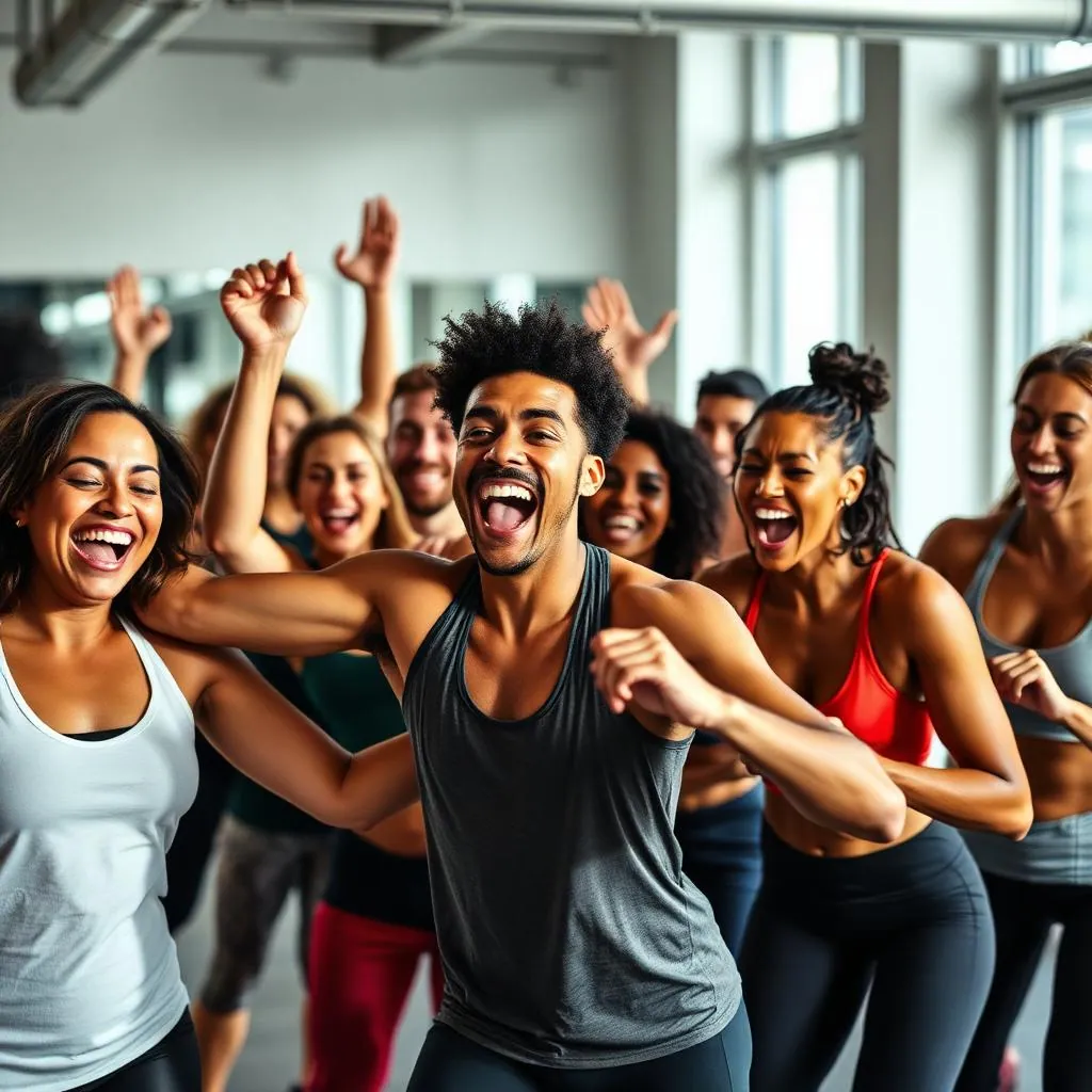 A group of fitness challenge participants celebrating their progress on a digital leaderboard shown on a large gym monitor