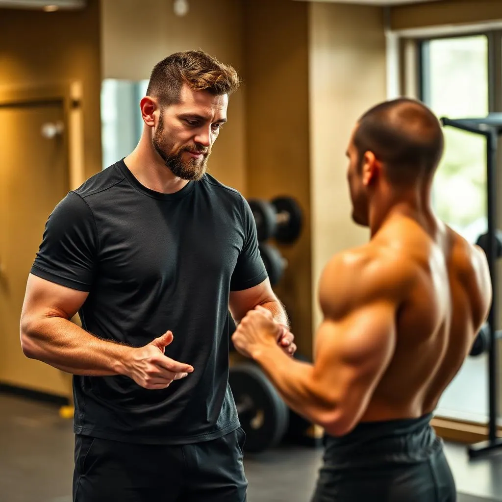 A confident personal trainer conducting a professional sales consultation with a client in a modern gym office, discussing premium package options