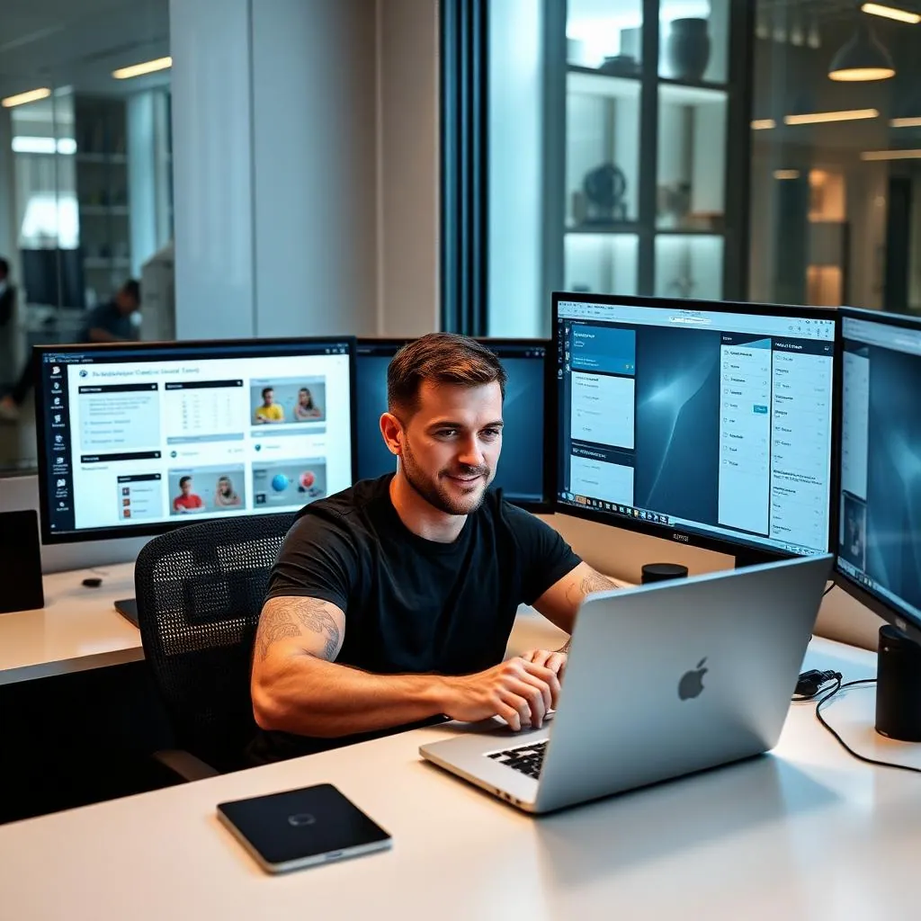A high-tech home office setup with multiple monitors displaying a fitness CRM dashboard, client workout videos, and automated messaging workflows