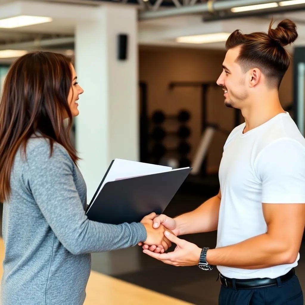A personal trainer greeting a new client with a professionally branded welcome packet at a modern gym reception desk