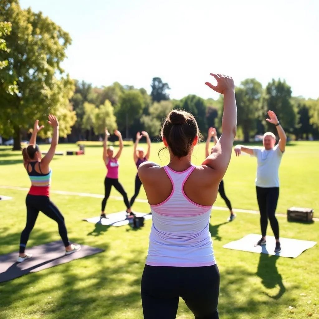 A friendly personal trainer networking with local community members at a neighborhood park during a community-organized outdoor fitness meet-up