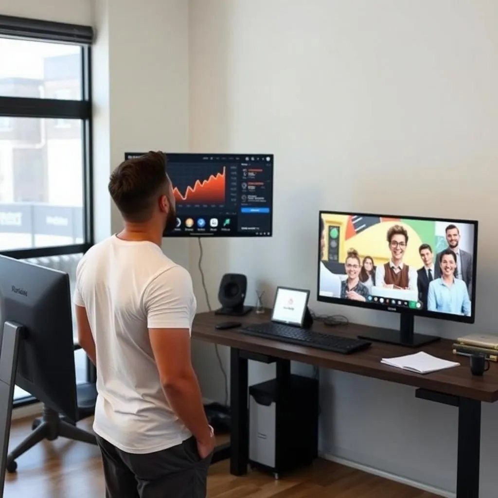 A successful fitness entrepreneur reviewing business scaling charts and team performance metrics on multiple computer monitors in a clean office